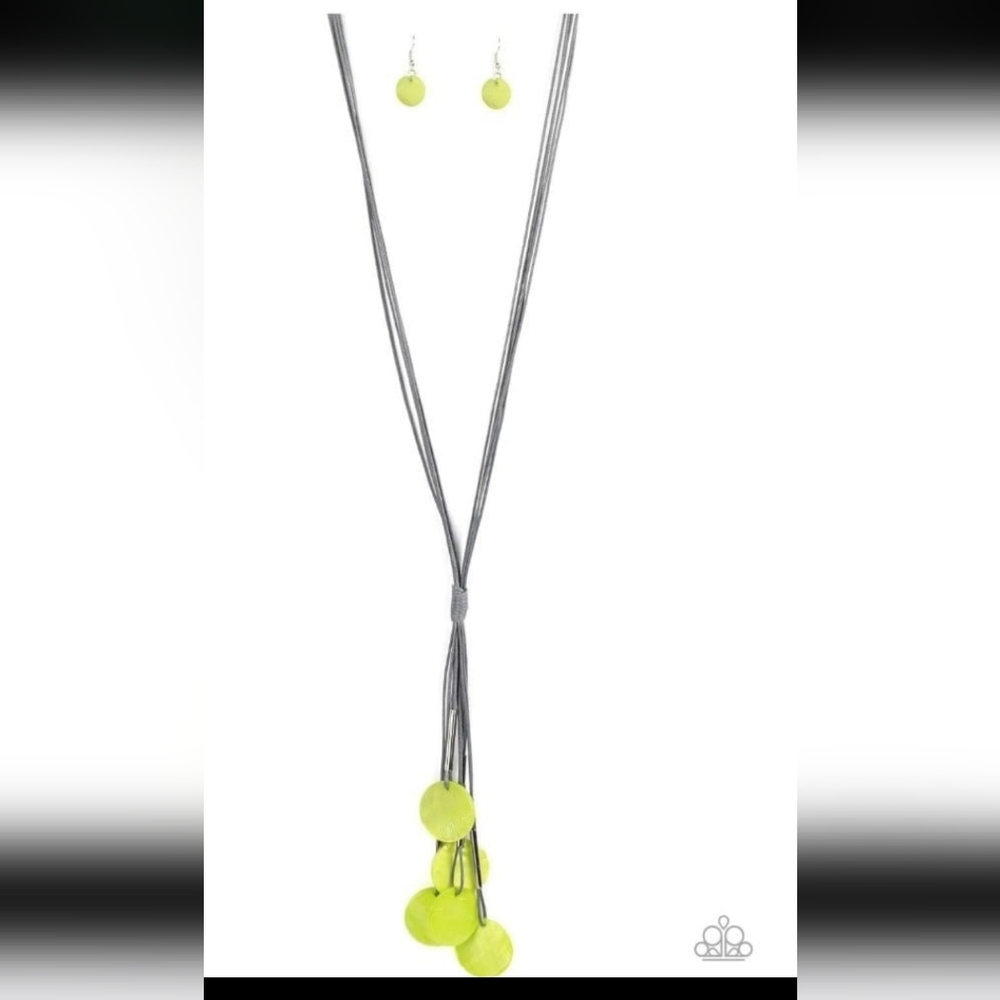 Paparazzi Gray Necklace Yellow Bead Tidal Tassels Green Shell Acrylic Circle